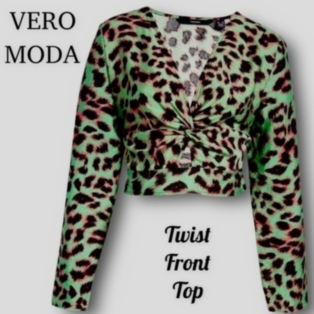 VERO MODA Anea Green Animal Print Long Sleeve Twist Front V-Neck Crop Top-Lg NWT